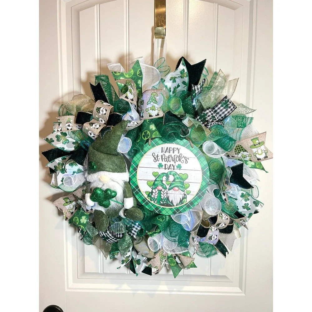 Handmade Happy St. Patrick’s Day Gnome Ribbon Prelit Wreath 22 ins LED W13